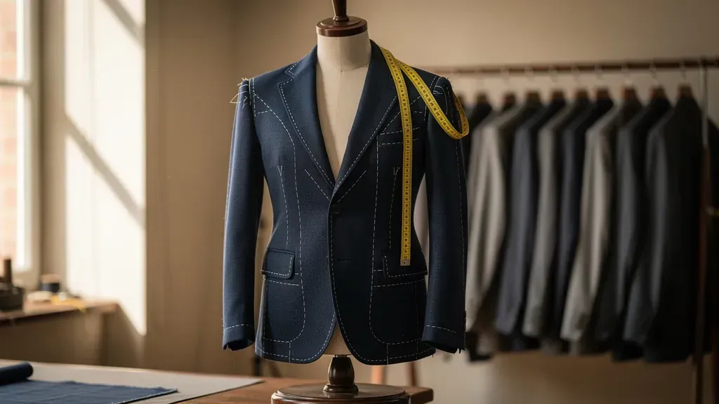 A half-finished bespoke navy jacket on a tailors dummy in front of a rack of identical grey suits