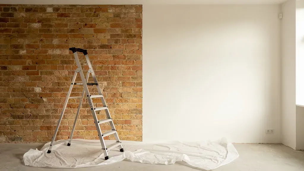 A renovation room with one wall freshly painted and one stripped to bare brick, with a ladder and dust sheet