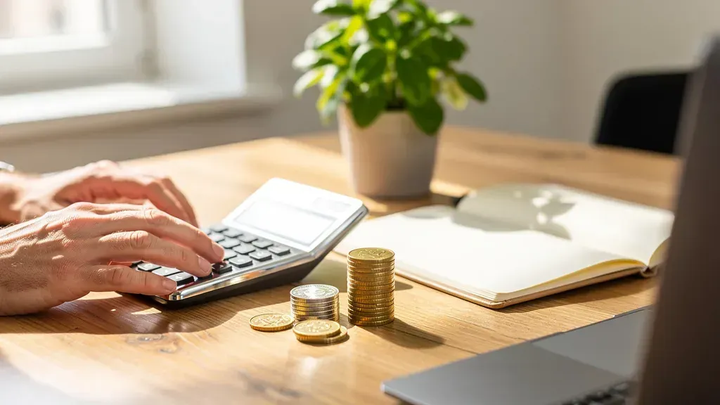 Hands using a calculator beside pound coins, a notebook and a laptop on a wooden desk